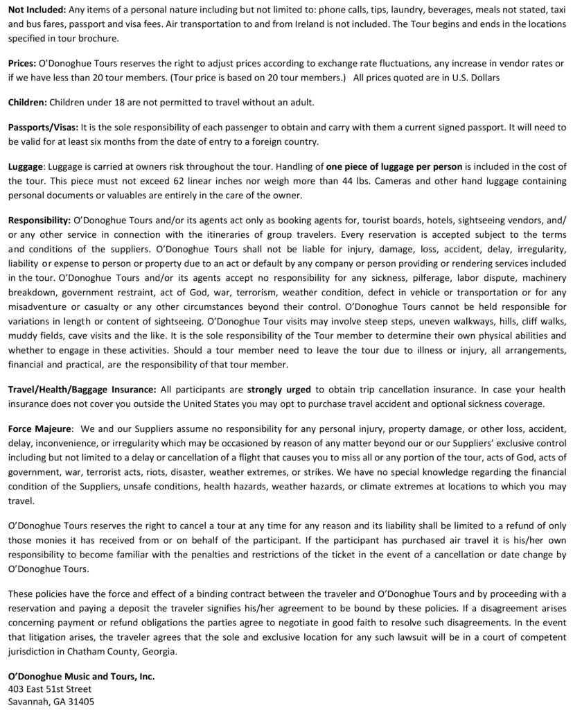 O'Donoghue Tours terms and conditions outlining payment